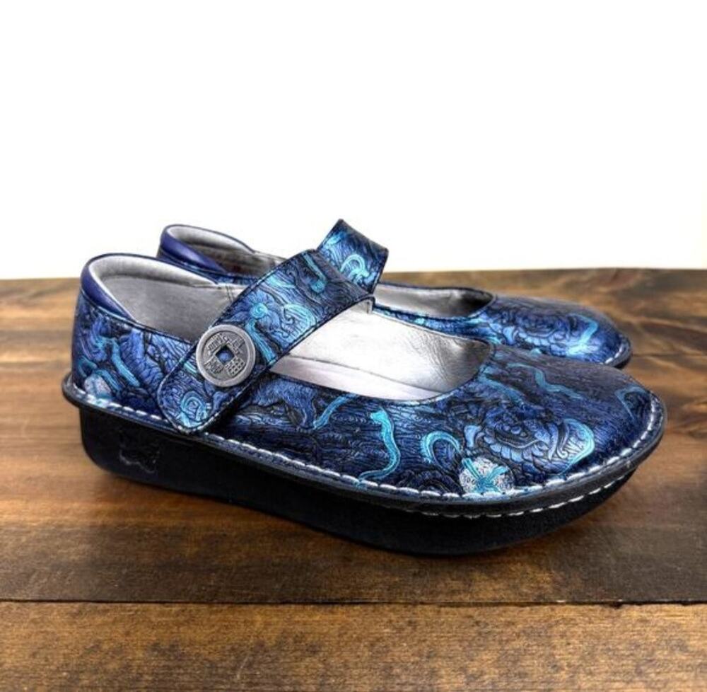Alegria Metallic Blue Comfort Shoe SZ 38 US 7.5/8 Mary Jane Leather Abstract